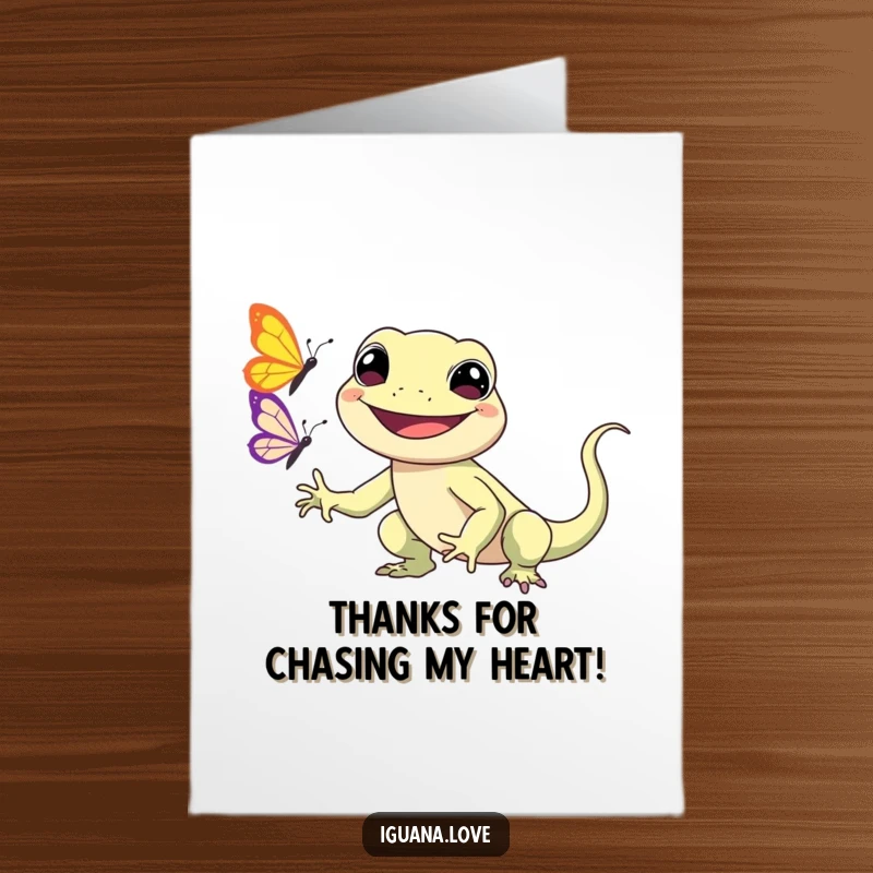 Funny Free Printable Kawaii Iguana Thank You Card: Smiling iguana happily chasing a butterfly.