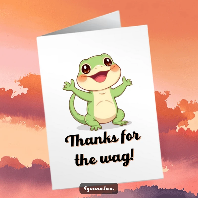 Funny Free Printable Thank You Card: A happy iguana enthusiastically waving its tail to show appreciation.