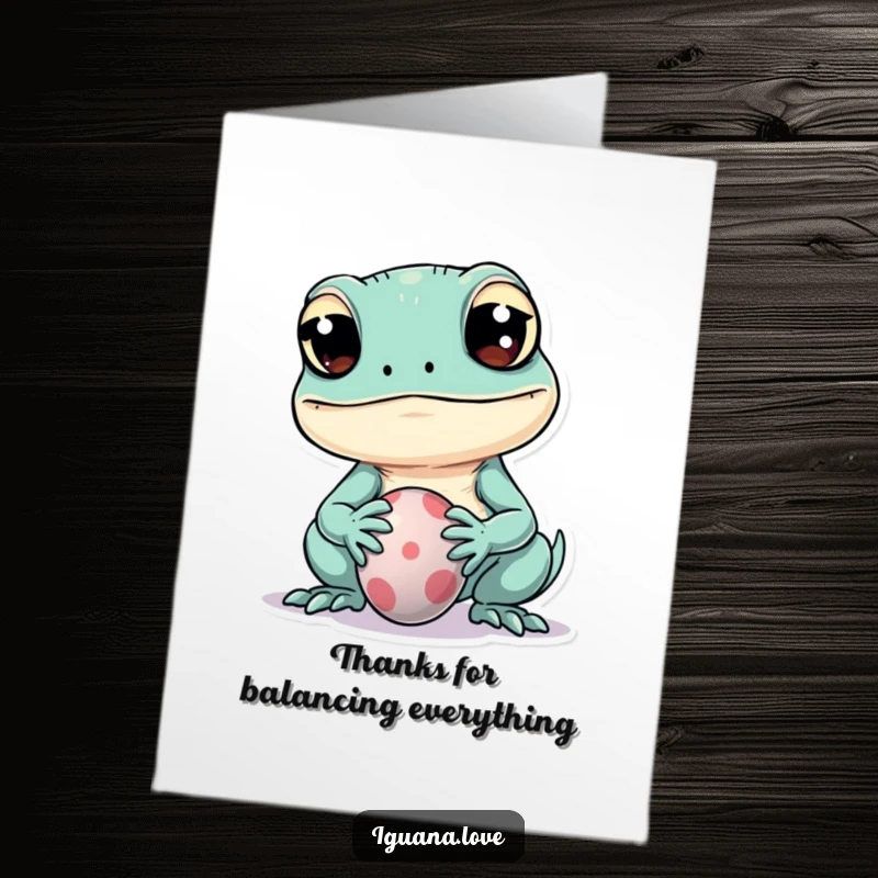 Funny Free Printable Thank You Card, a kawaii iguana with wide eyes balances a ball, showing playful gratitude.