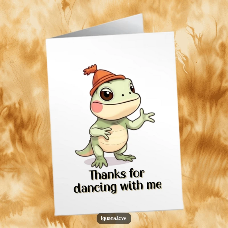 Funny Free Printable Thank You Card: Playful iguana character wearing a tiny hat, doing a goofy, fun dance to say thanks.