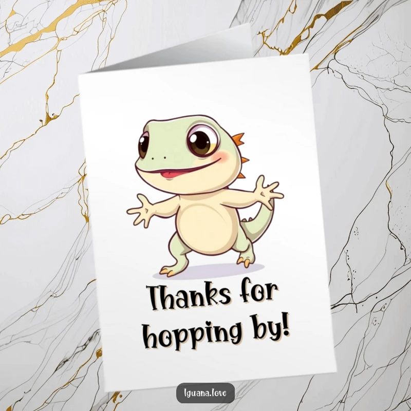 Funny Free Printable Iguana Thank You Card: Charming iguana with wide eyes doing a joyful hop.