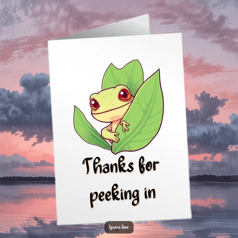 Funny Free Printable Thank You Card, a cheerful iguana peeks from behind a large leaf, expressing playful thanks.