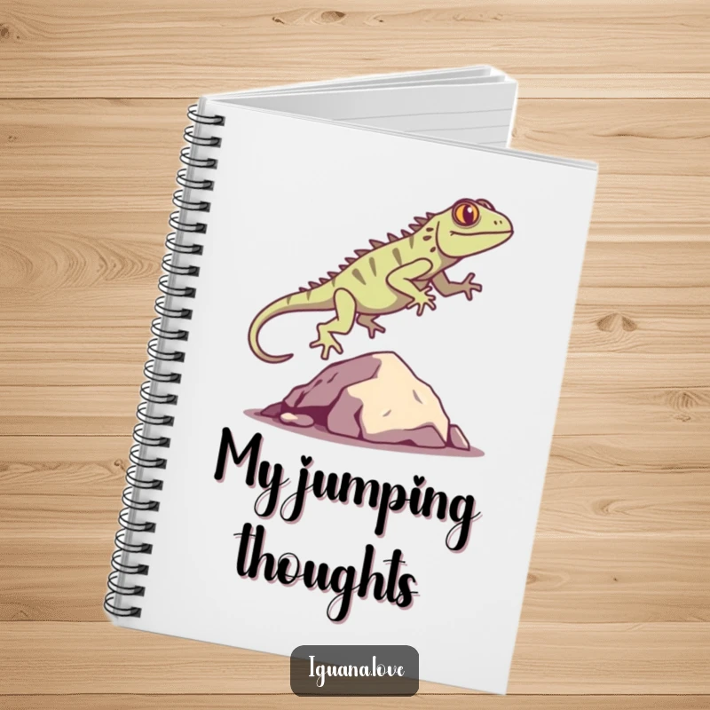 Funny Iguana Silhouette Notebook displays a happy iguana jumping over a rock, perfect for journaling, sketching, or note-taking with a humorous twist.