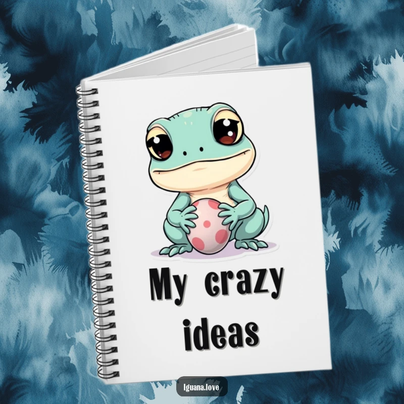 Funny notebook featuring a kawaii iguana with wide eyes playfully balancing a small ball on its snout, perfect for creative thoughts.