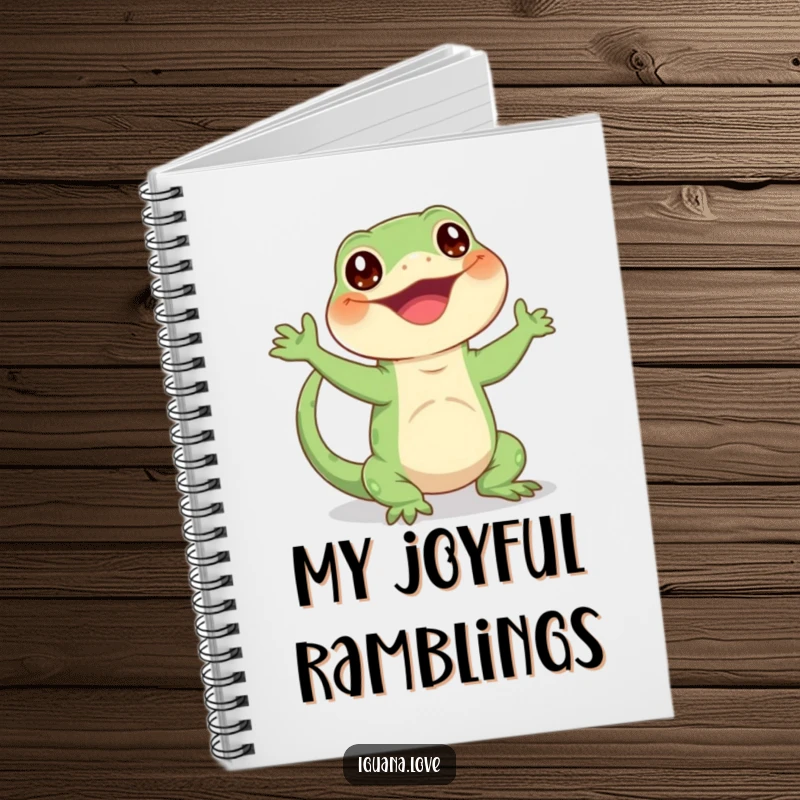 Funny notebook with a happy iguana character enthusiastically waving its tail, perfect for journaling joyful thoughts.