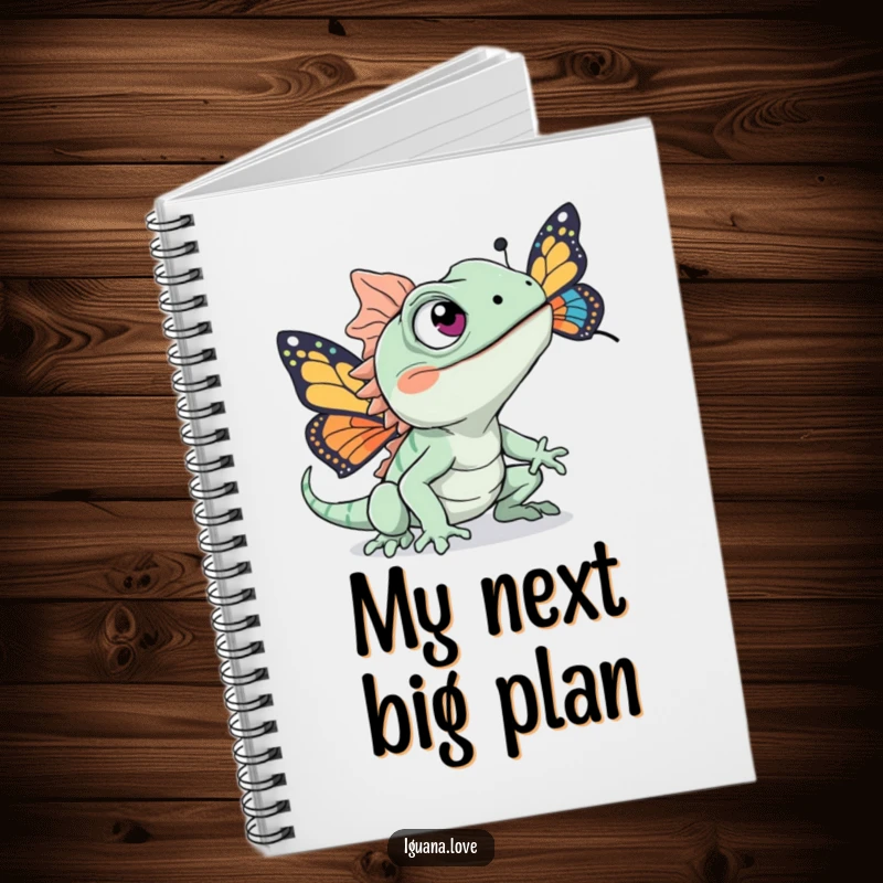 Funny notebook with an excited iguana character chasing a butterfly, perfect for documenting thoughts and ideas.