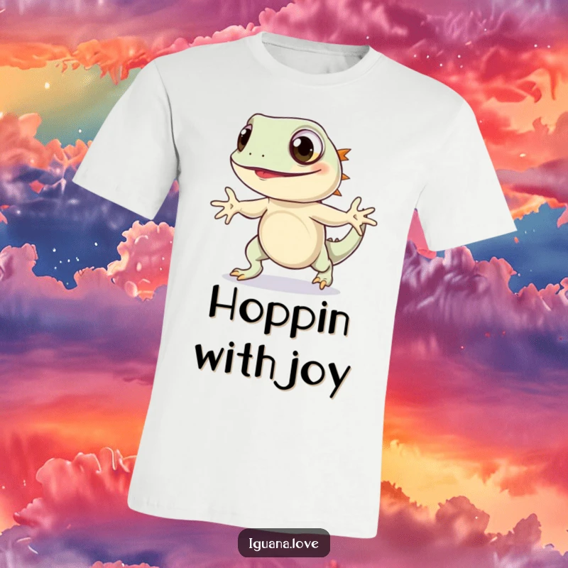 Funny Iguana Hop T-Shirt shows a charming iguana with wide eyes doing a joyful hop, perfect for spreading cheer and playful energy.