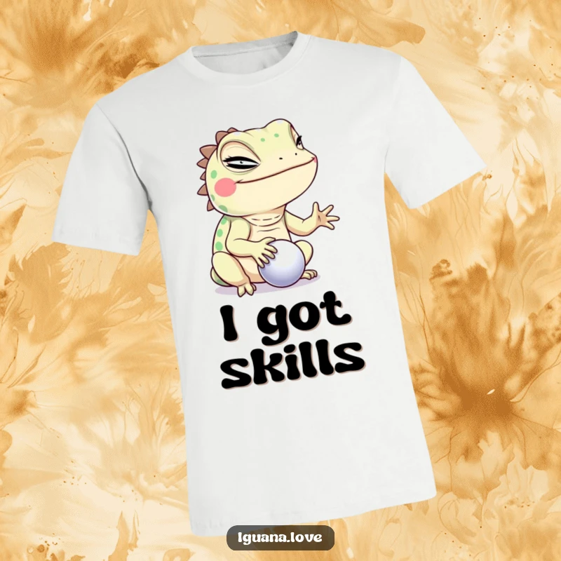 Funny Winking Iguana T-Shirt, balancing a tiny ball with a sly wink, a humorous and skillful design for reptile lovers.
