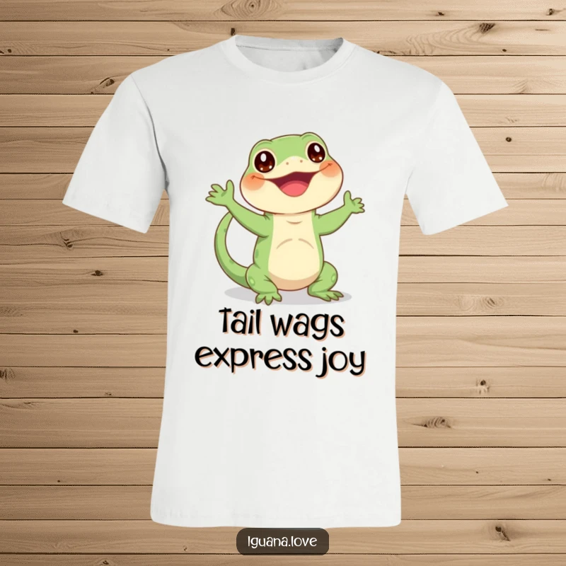 Funny t-shirt depicting a happy iguana character enthusiastically waving its tail, conveying pure joy and energy.
