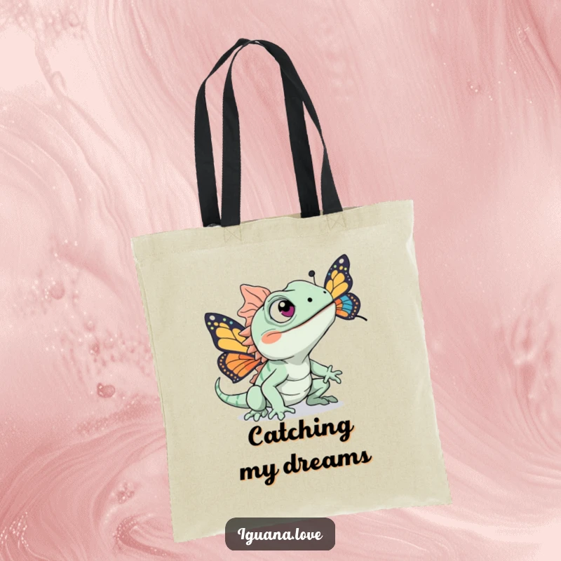 Funny tote bag featuring an excited iguana chasing a colorful butterfly, a humorous and active accessory.
