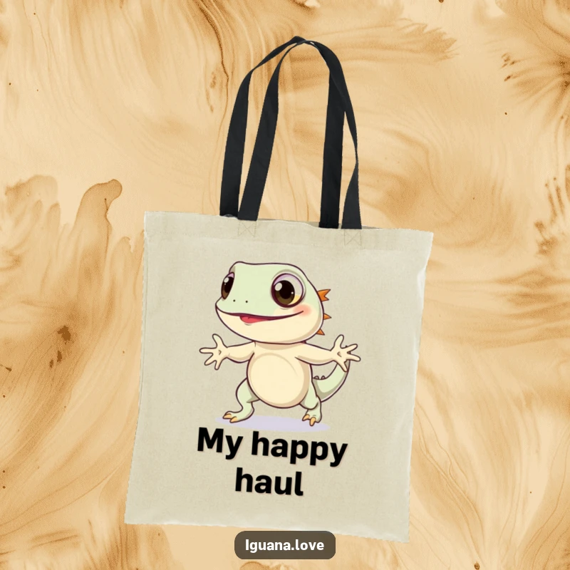 Funny Iguana Hop Tote Bag displays a wide-eyed iguana doing a joyful hop, perfect for carrying items with a touch of whimsical fun.
