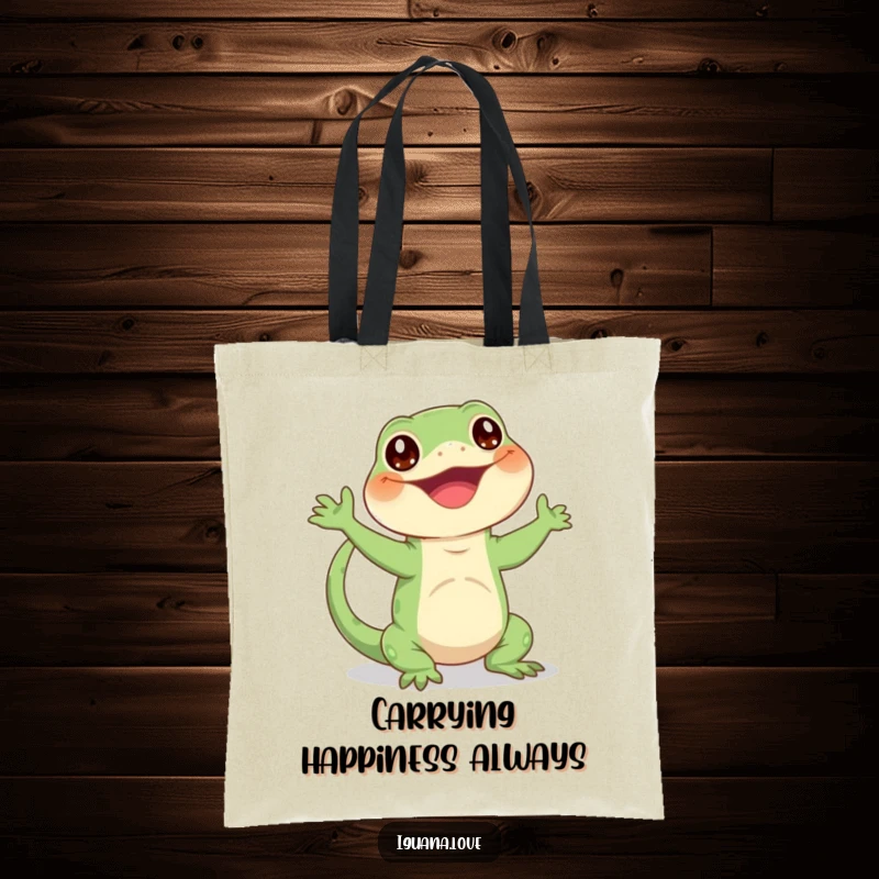 Funny tote bag with a happy iguana character enthusiastically waving its tail, a cheerful and practical accessory.