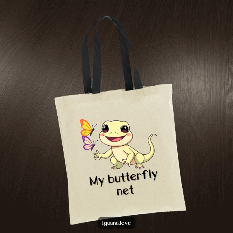 Funny Kawaii Iguana Tote Bag illustrates a smiling iguana character chasing a butterfly, perfect for carrying essentials with adorable flair.